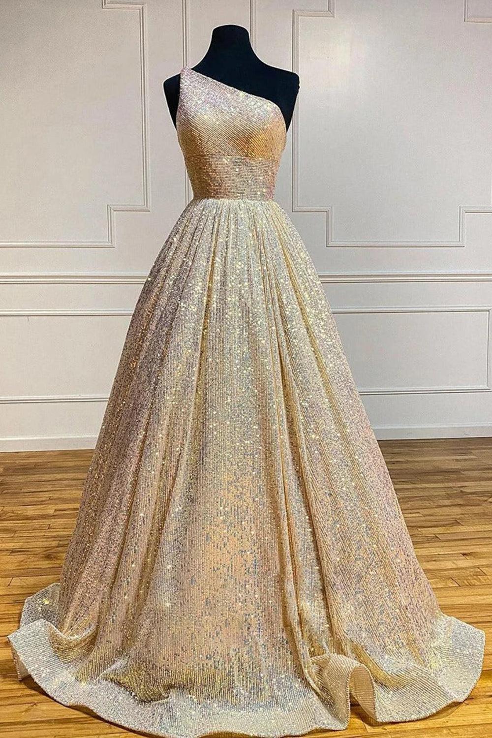Pink Prom Dress One Shoulder A Line Sequined Evening Dress