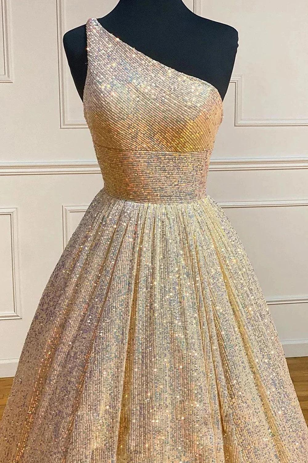 Pink Prom Dress One Shoulder A Line Sequined Evening Dress