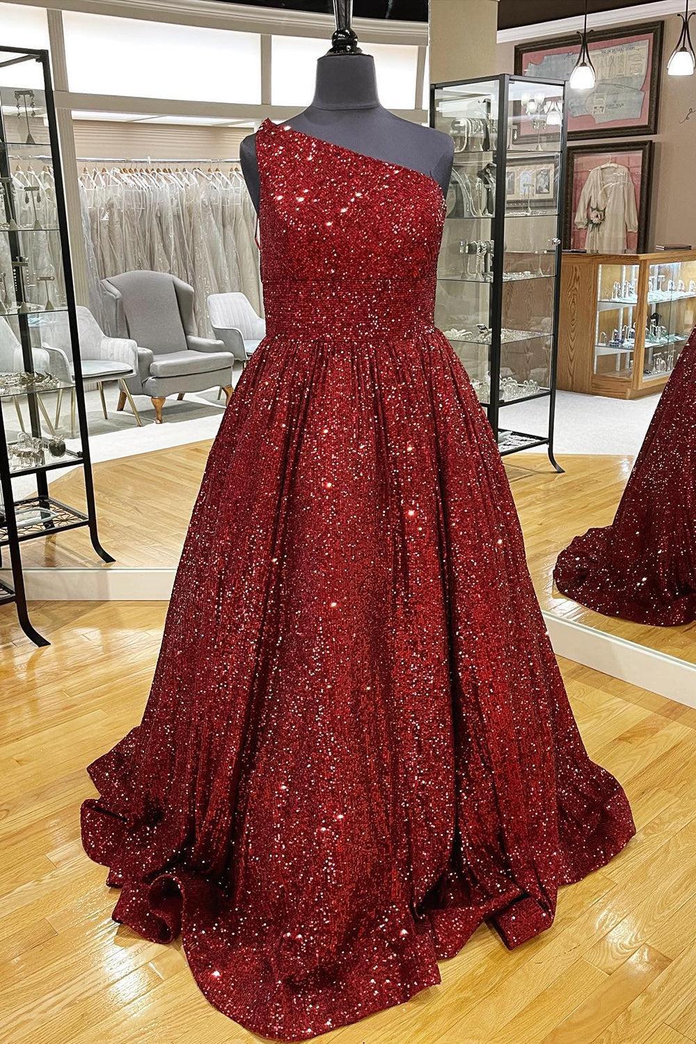 Pink Prom Dress One Shoulder A Line Sequined Evening Dress