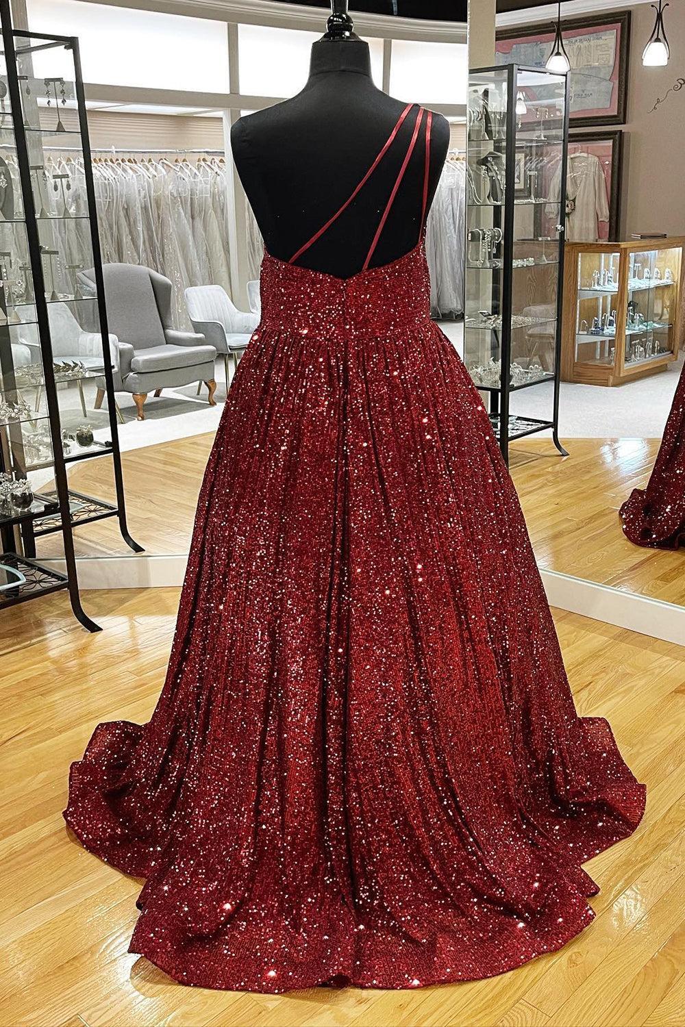 Pink Prom Dress One Shoulder A Line Sequined Evening Dress
