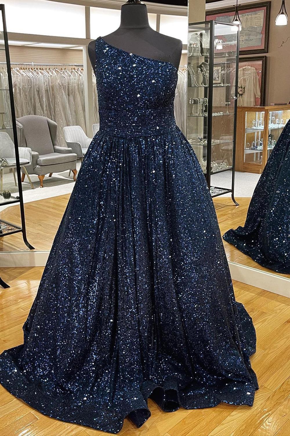 Pink Prom Dress One Shoulder A Line Sequined Evening Dress