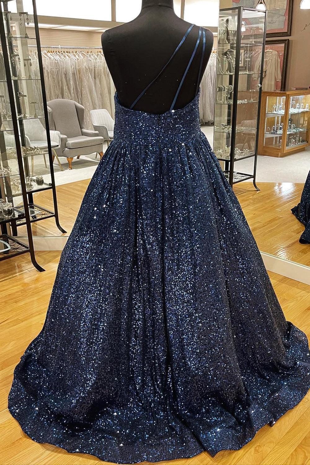 Pink Prom Dress One Shoulder A Line Sequined Evening Dress