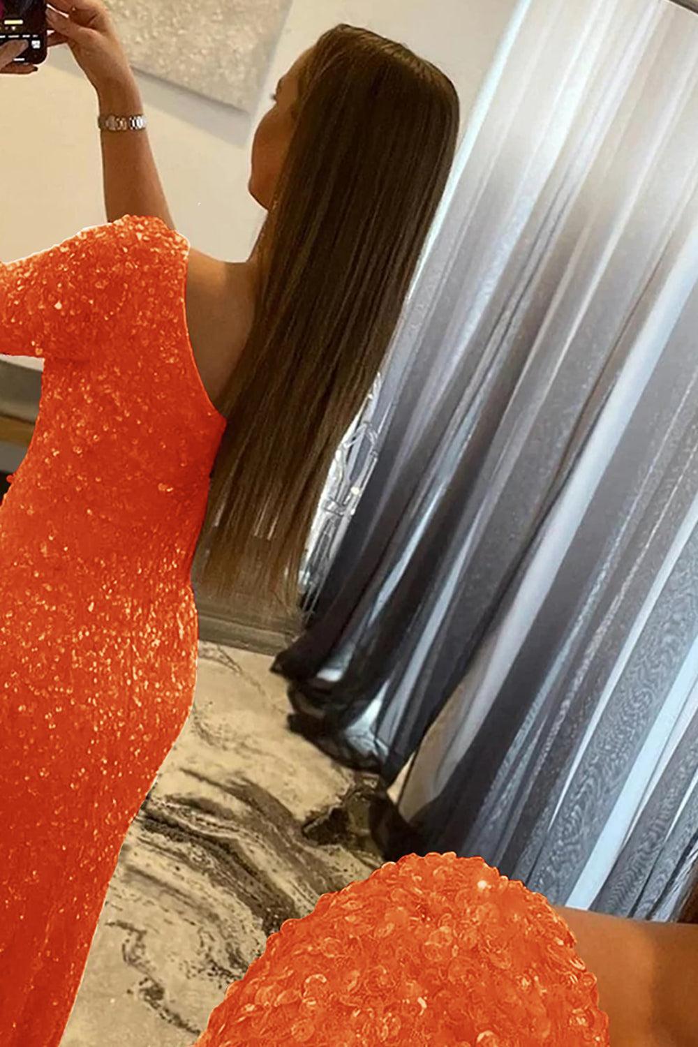 Pink Prom Dress One Shoulder Sequined Evening Dress