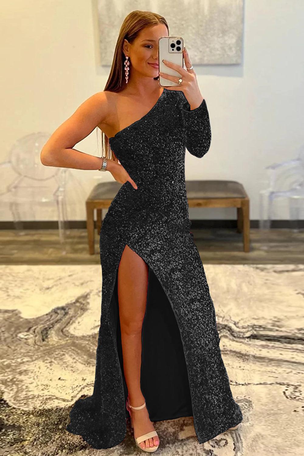 Pink Prom Dress One Shoulder Sequined Evening Dress