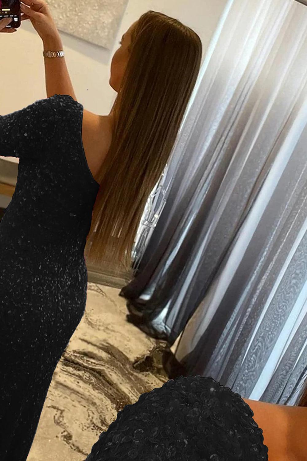 Pink Prom Dress One Shoulder Sequined Evening Dress