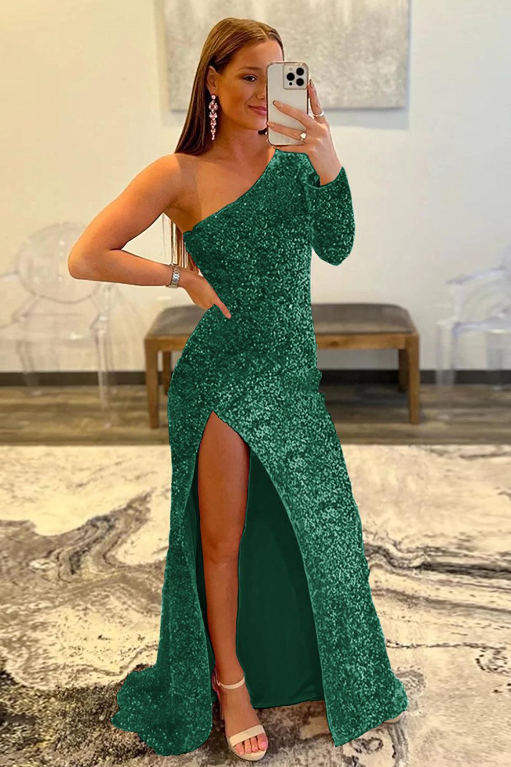 Pink Prom Dress One Shoulder Sequined Evening Dress