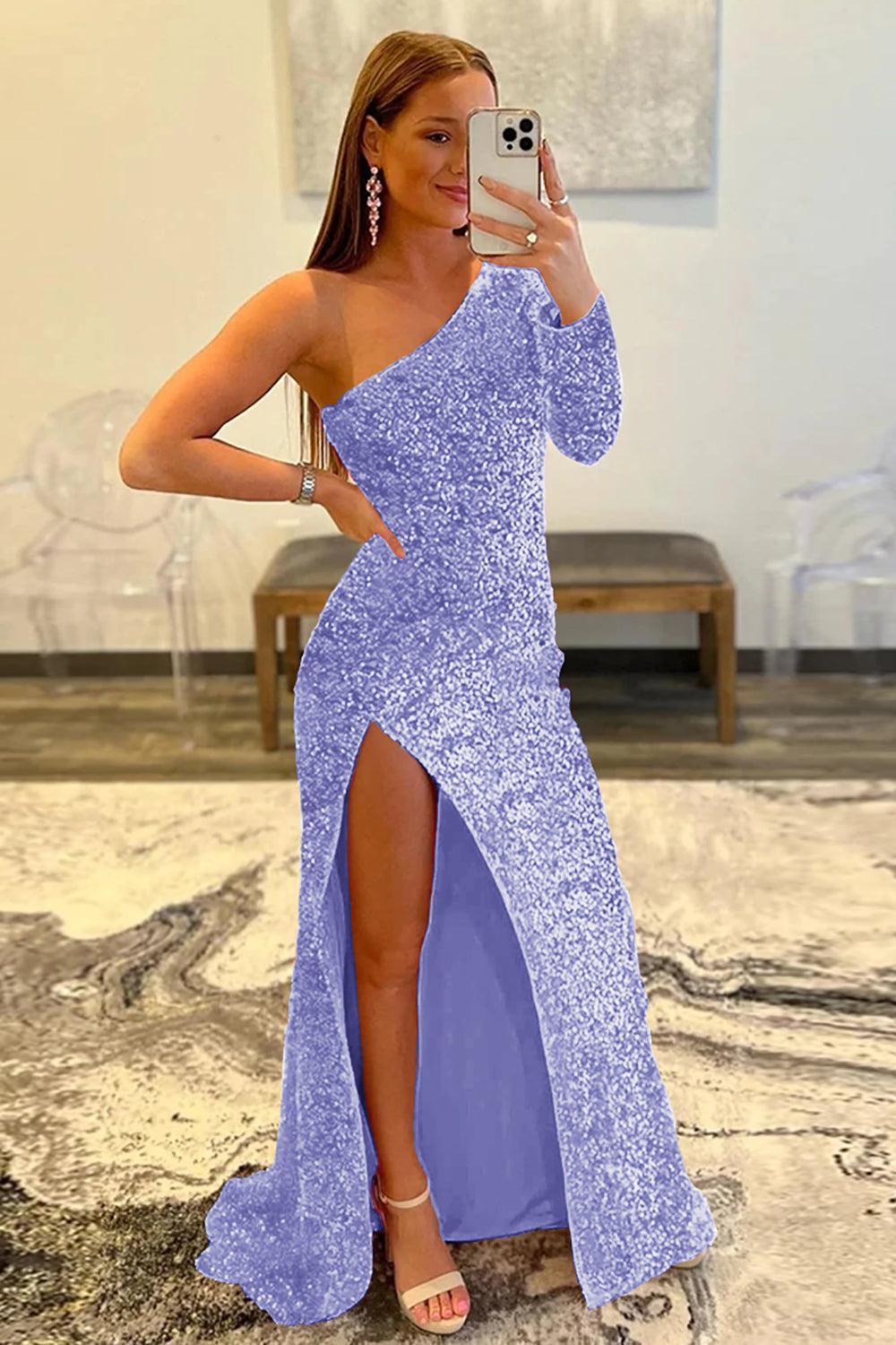 Pink Prom Dress One Shoulder Sequined Evening Dress