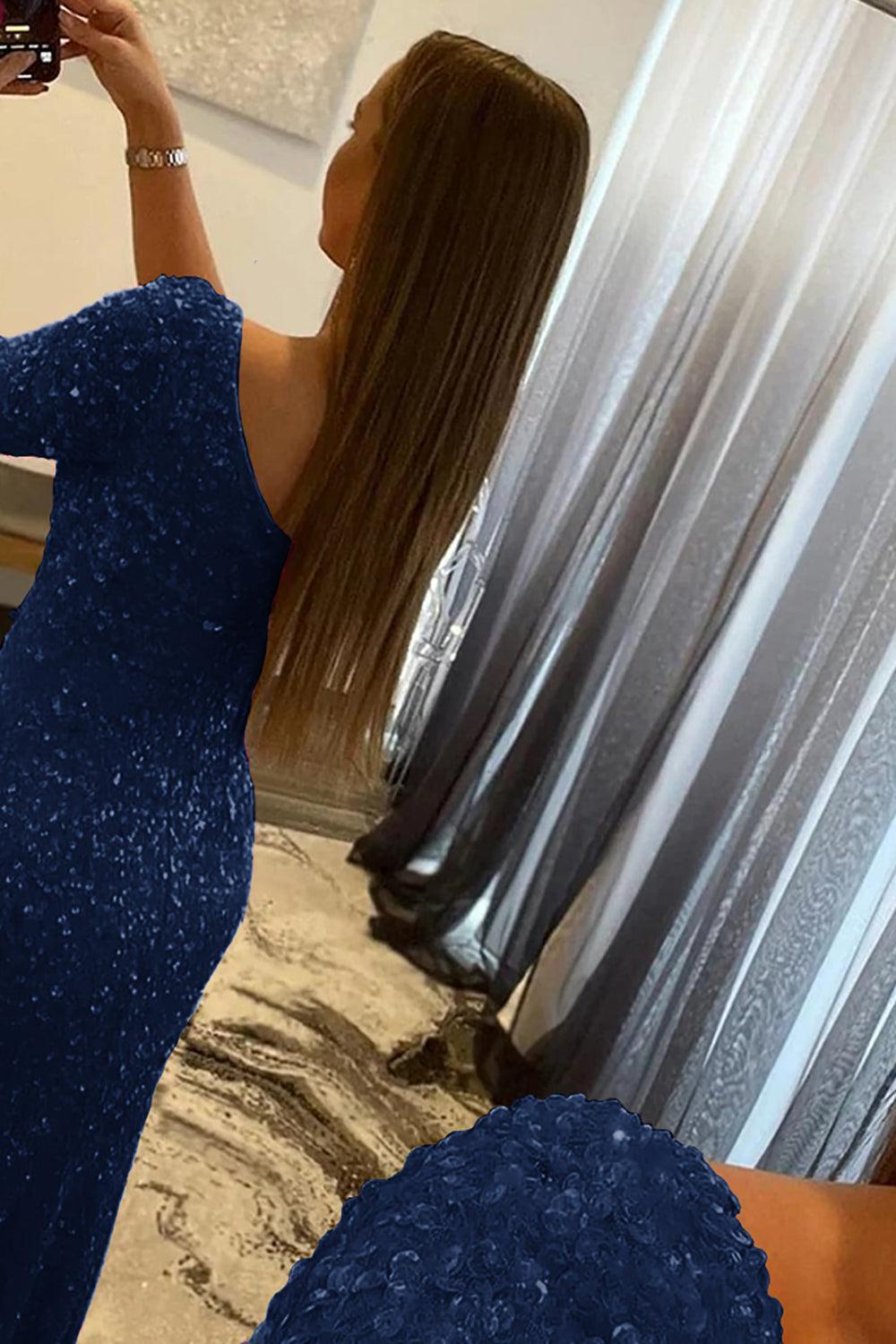 Pink Prom Dress One Shoulder Sequined Evening Dress