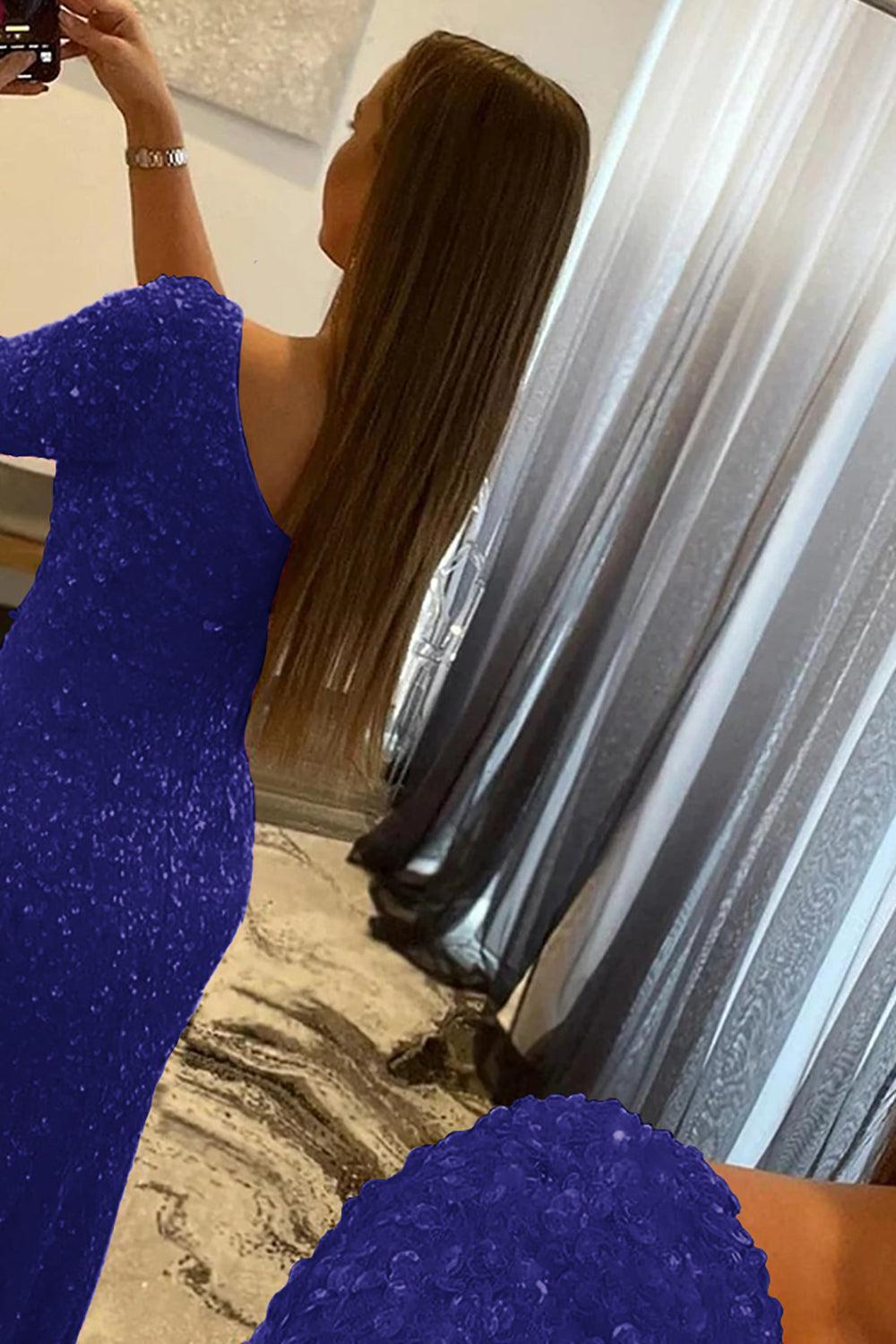 Pink Prom Dress One Shoulder Sequined Evening Dress