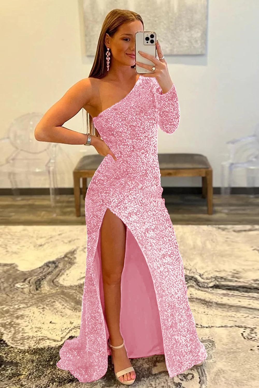 Pink Prom Dress One Shoulder Sequined Evening Dress