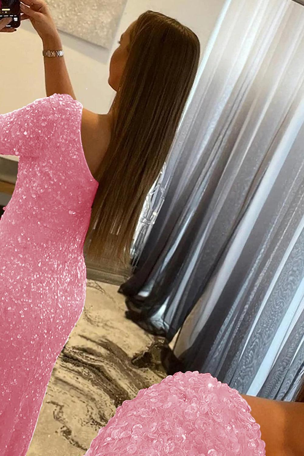 Pink Prom Dress One Shoulder Sequined Evening Dress