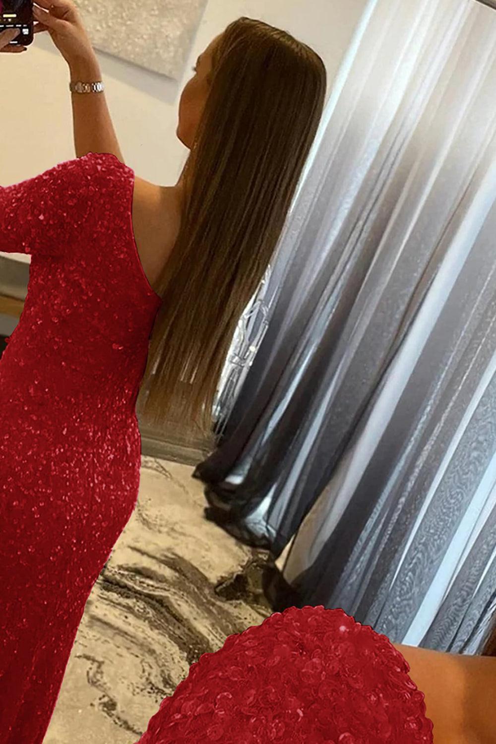 Pink Prom Dress One Shoulder Sequined Evening Dress