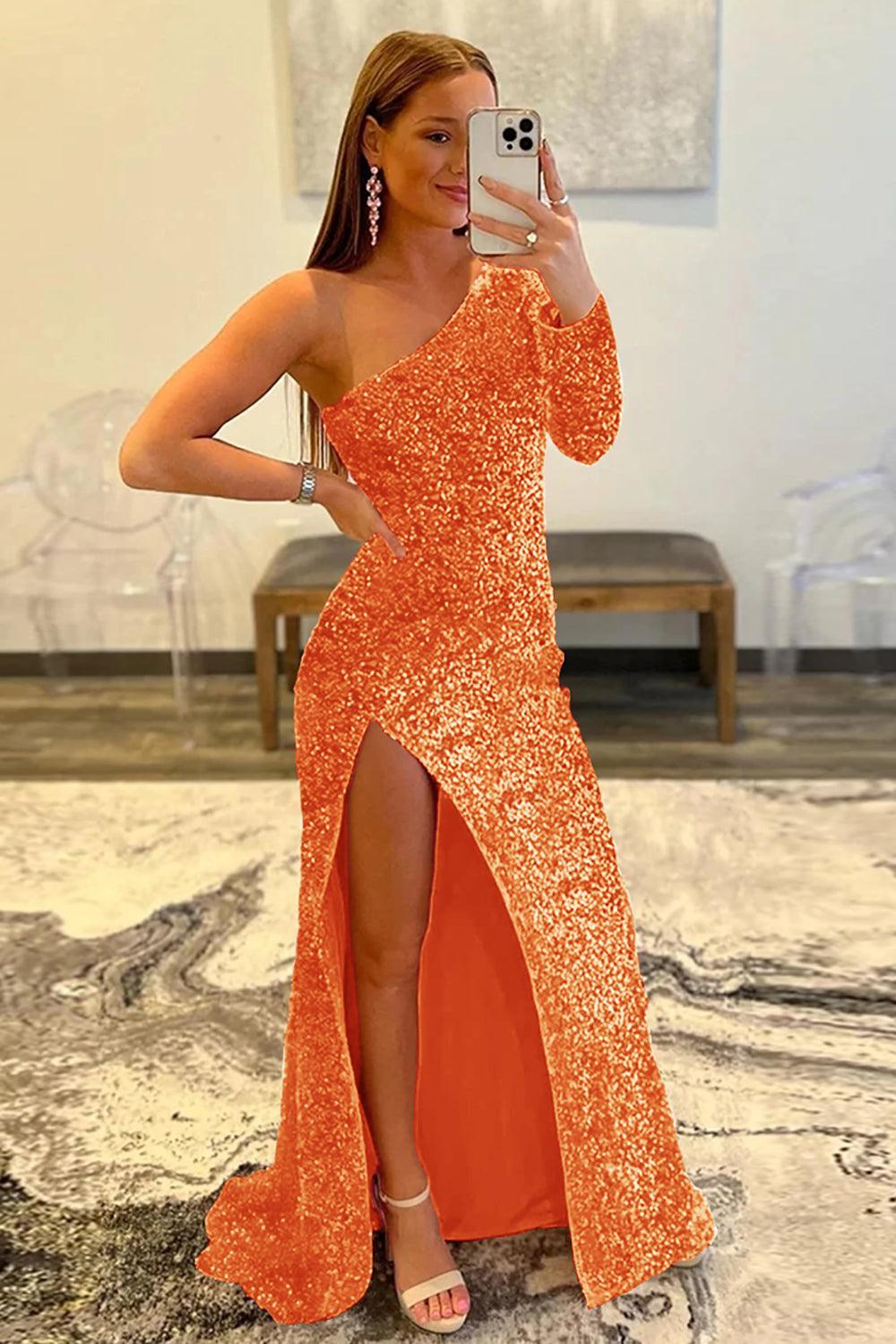 Pink Prom Dress One Shoulder Sequined Evening Dress