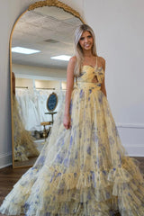 Pink Prom Dress Print Halter Keyhole A Line Long Evening Dress