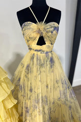 Pink Prom Dress Print Halter Keyhole A Line Long Evening Dress