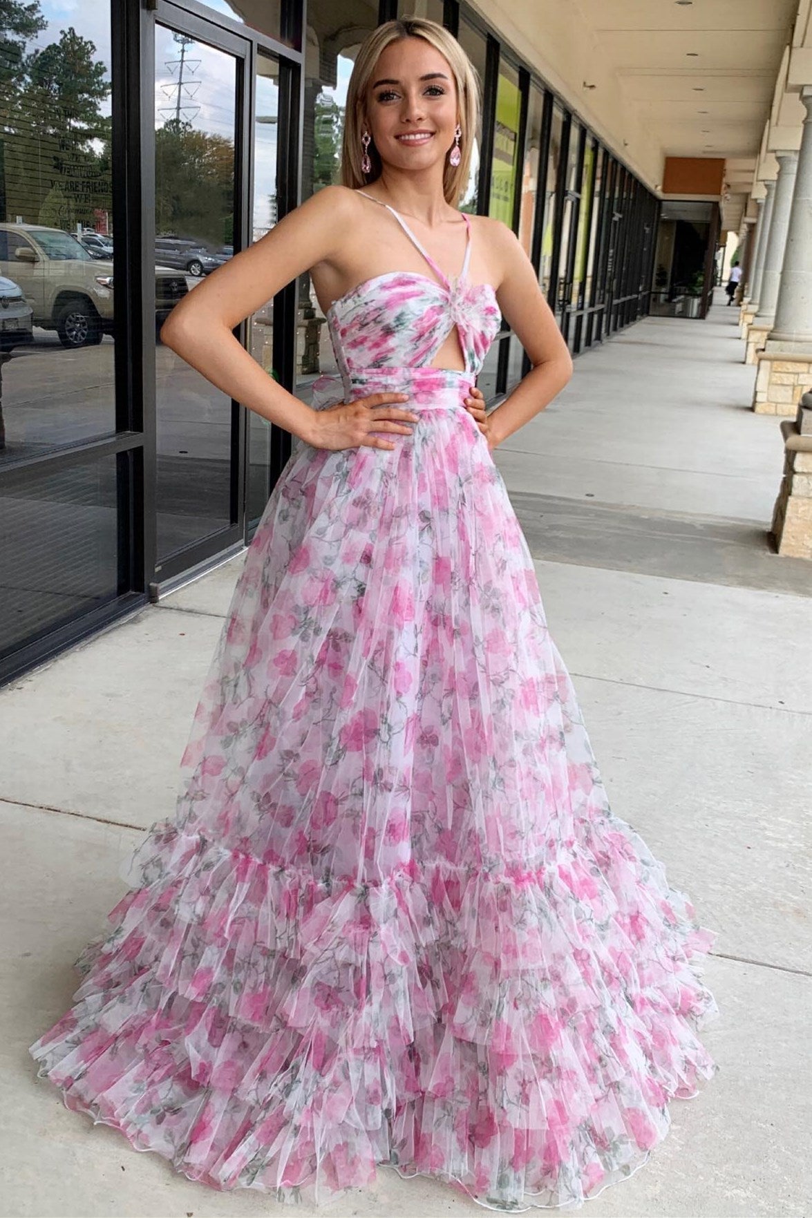 Pink Prom Dress Print Halter Keyhole A Line Long Evening Dress