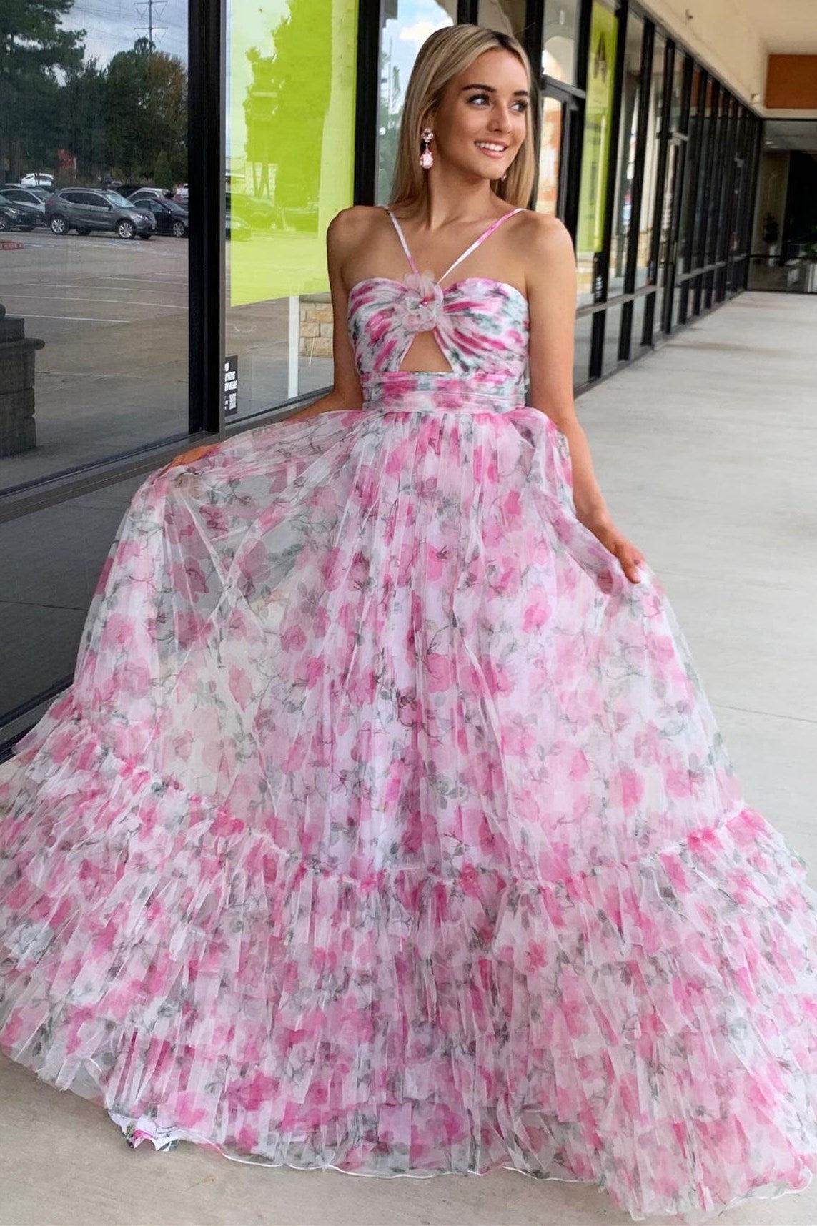 Pink Prom Dress Print Halter Keyhole A Line Long Evening Dress