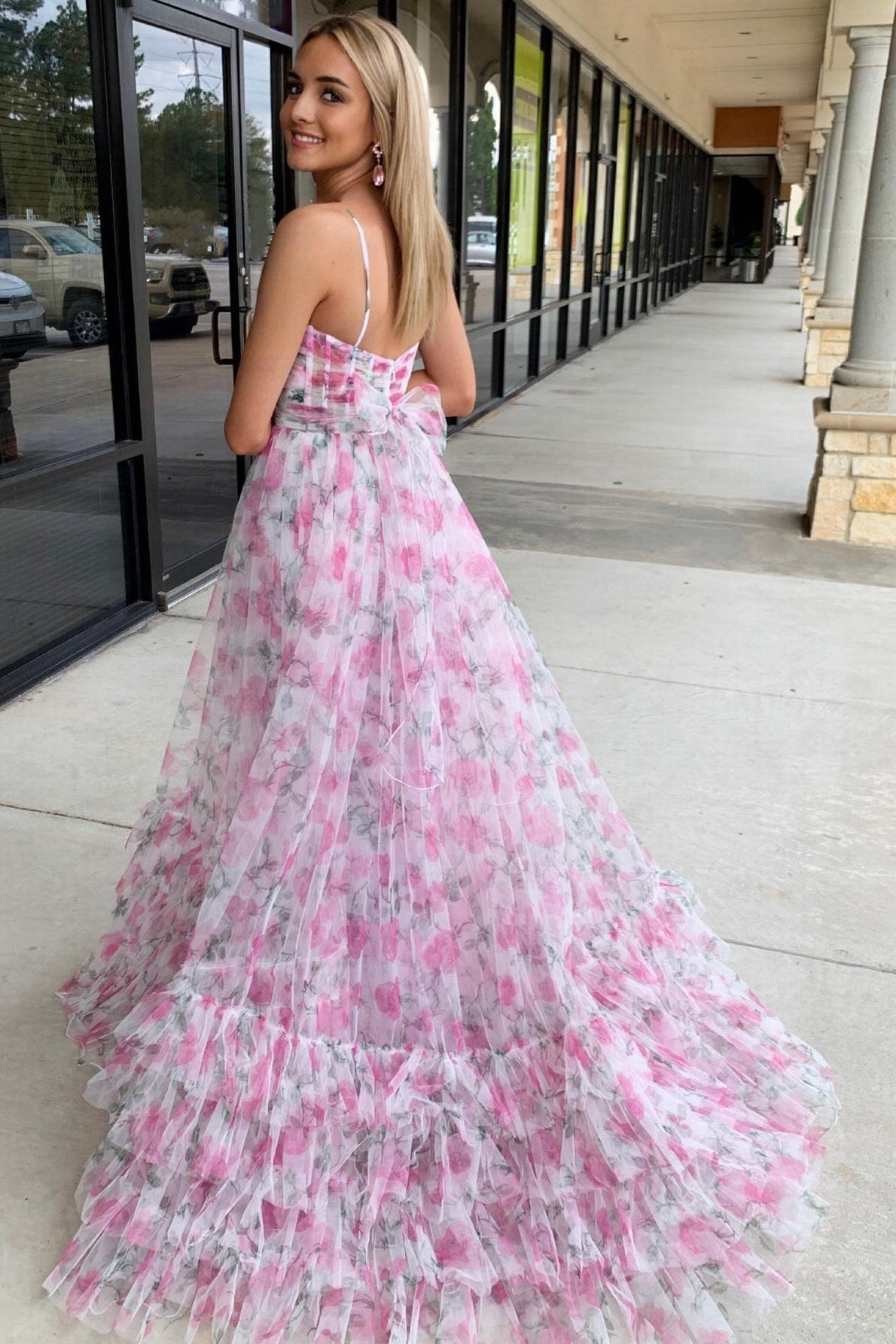Pink Prom Dress Print Halter Keyhole A Line Long Evening Dress