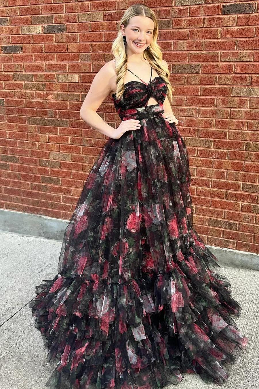 Pink Prom Dress Print Halter Keyhole A Line Long Evening Dress