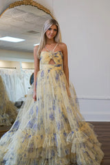 Pink Prom Dress Print Halter Keyhole A Line Long Evening Dress