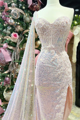 Pink Prom Dress Sequin Lace Sweetheart Neck High Low Evening Dress with Attached Train