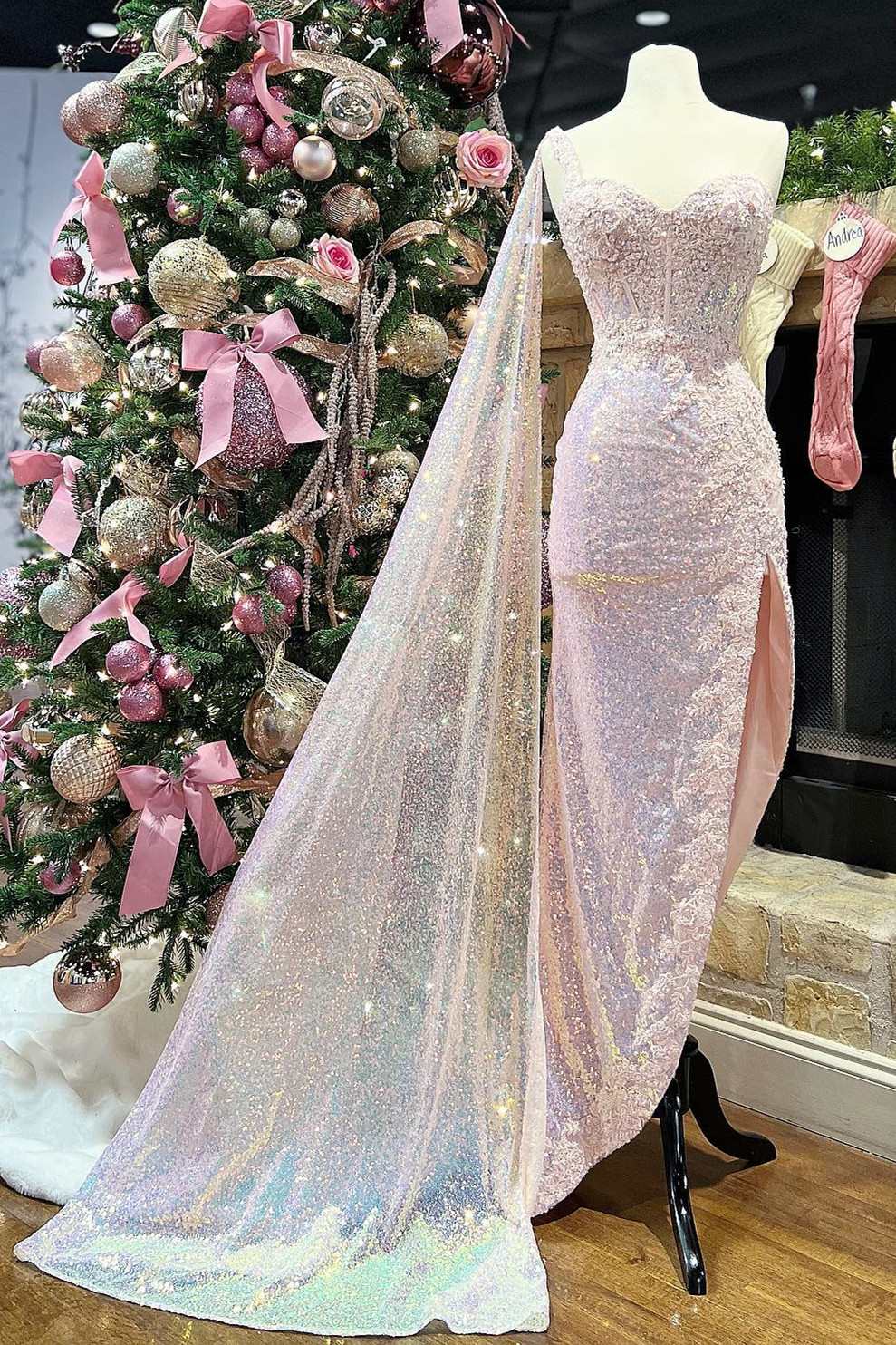 Pink Prom Dress Sequin Lace Sweetheart Neck High Low Evening Dress with Attached Train