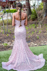 Pink Prom Dress Spaghetti Straps Mermaid Corset Evening Dress with Slit