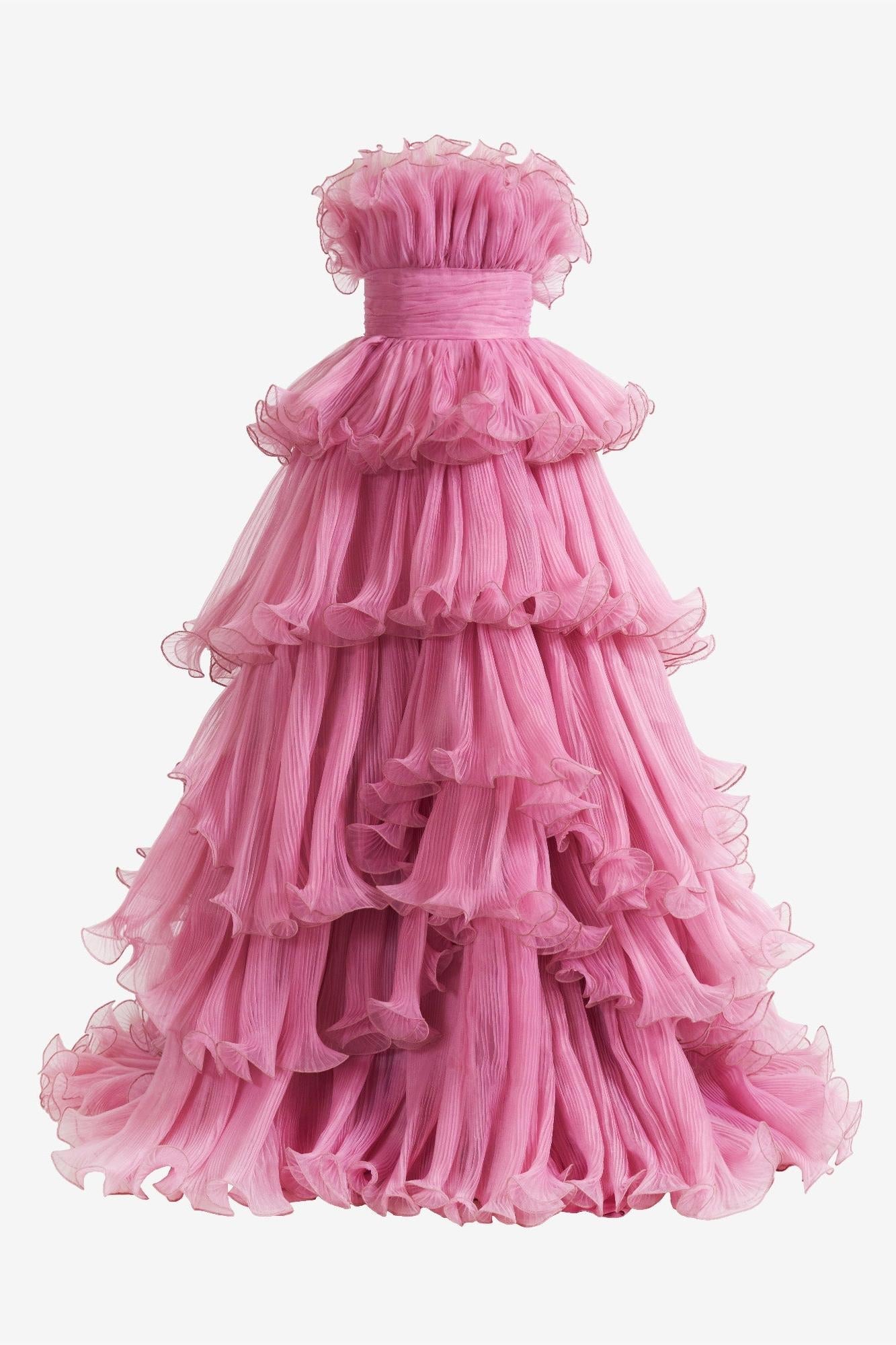 Pink Prom Dress Strapless A Line Tiered Crinkled Tulle Evening Dress