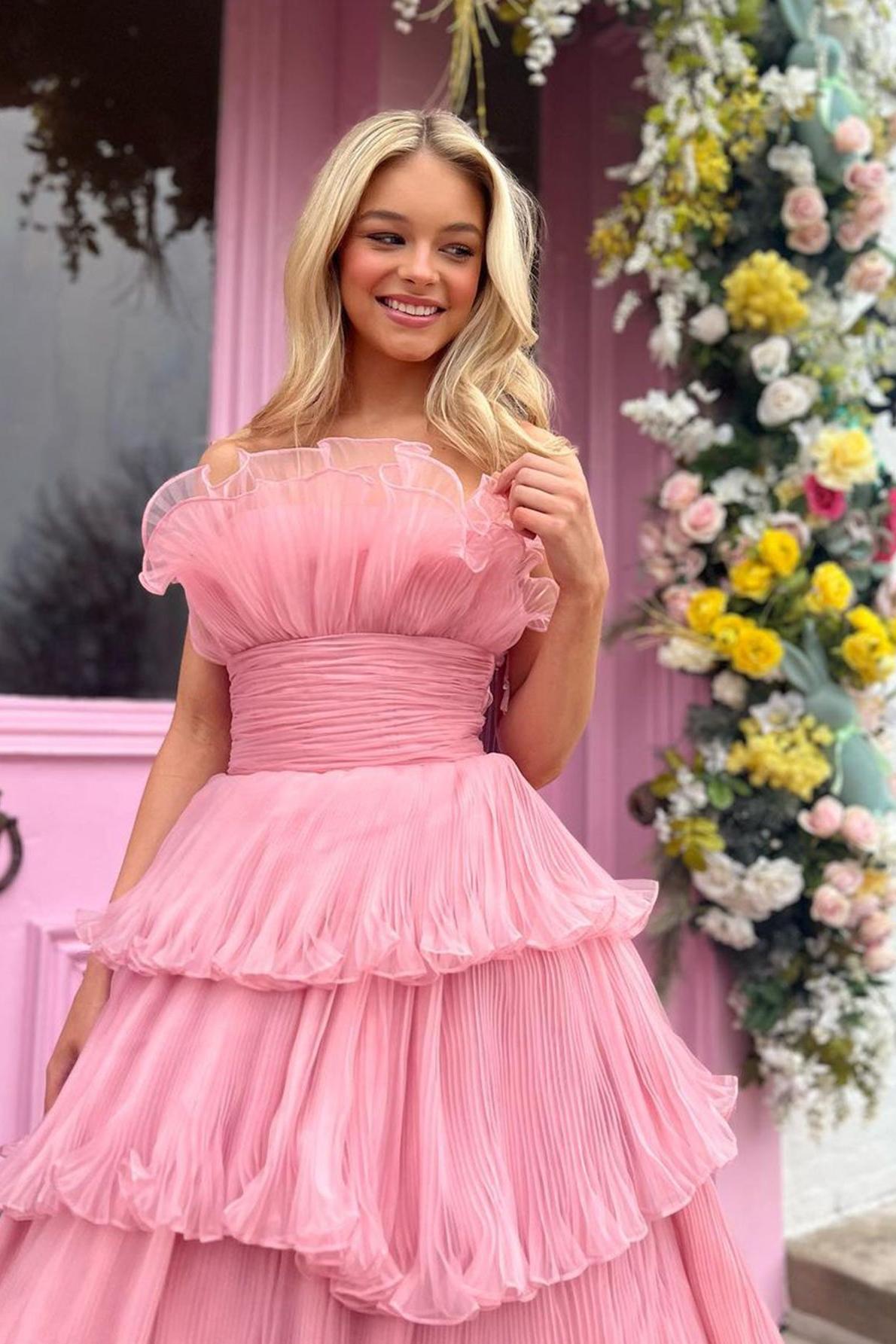Pink Prom Dress Strapless A Line Tiered Crinkled Tulle Evening Dress
