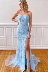 Pink Prom Dress Strapless Lace Long Evening Dress with Slit