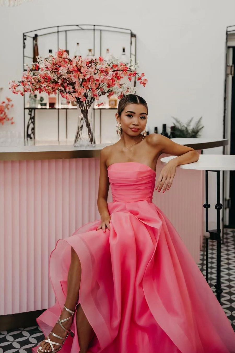 Pink Prom Dress Strapless Organza A Line Evening Dress