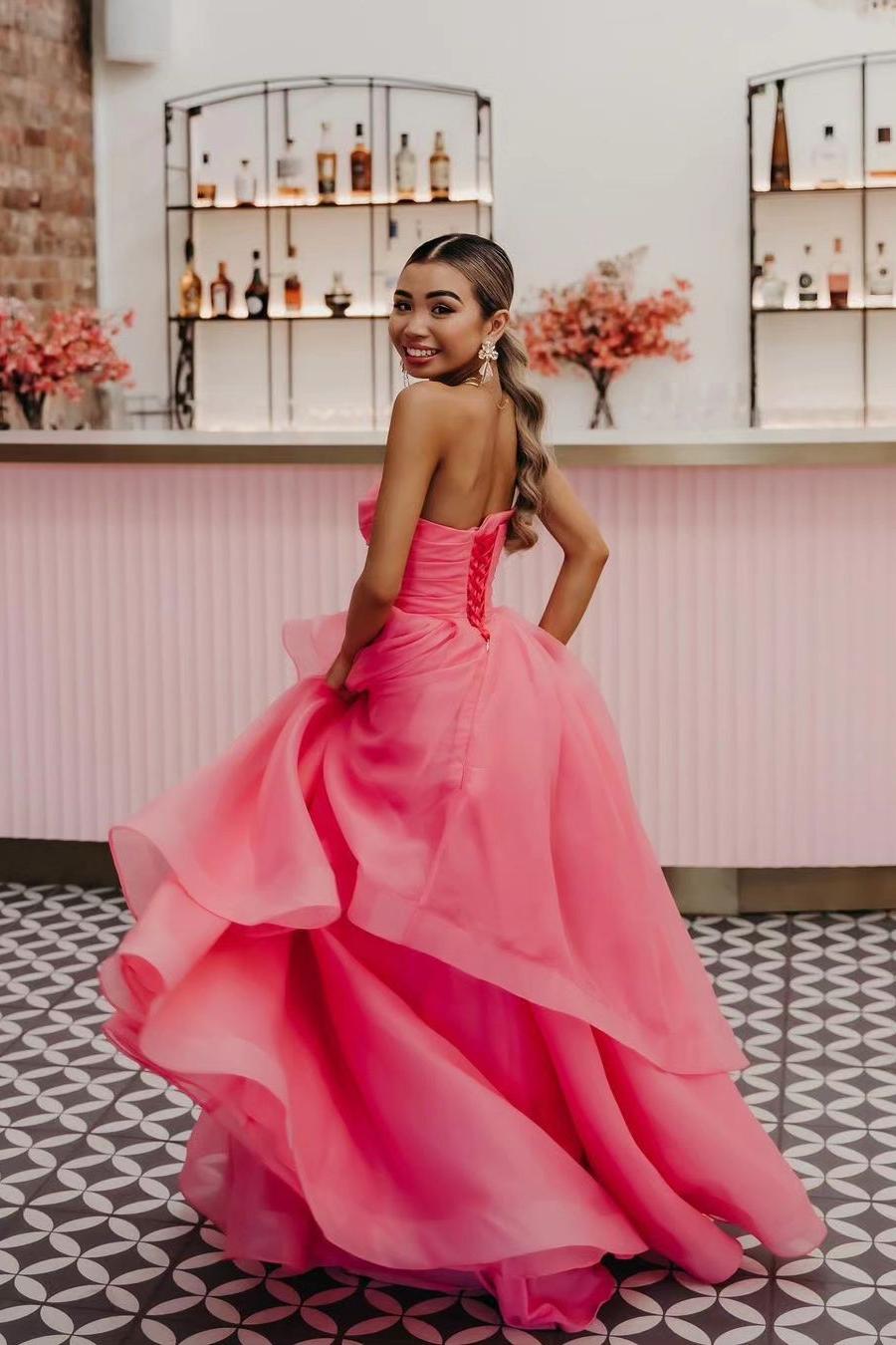 Pink Prom Dress Strapless Organza A Line Evening Dress