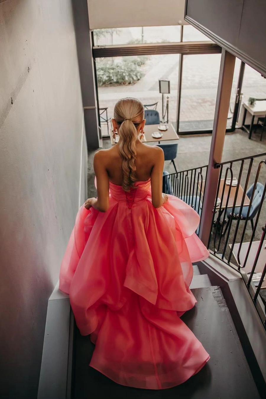 Pink Prom Dress Strapless Organza A Line Evening Dress