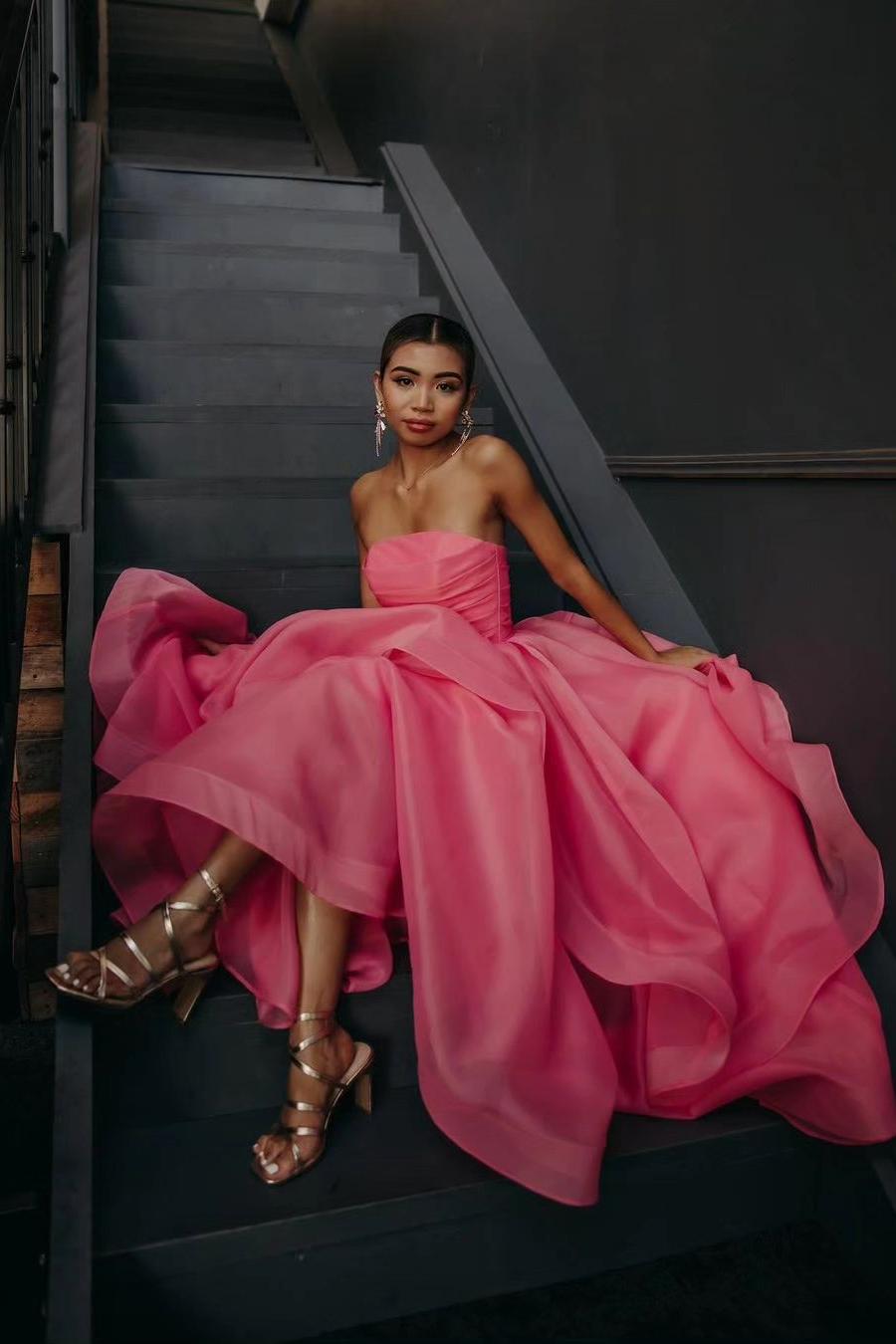 Pink Prom Dress Strapless Organza A Line Evening Dress