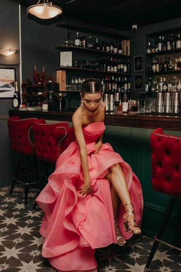 Pink Prom Dress Strapless Organza A Line Evening Dress