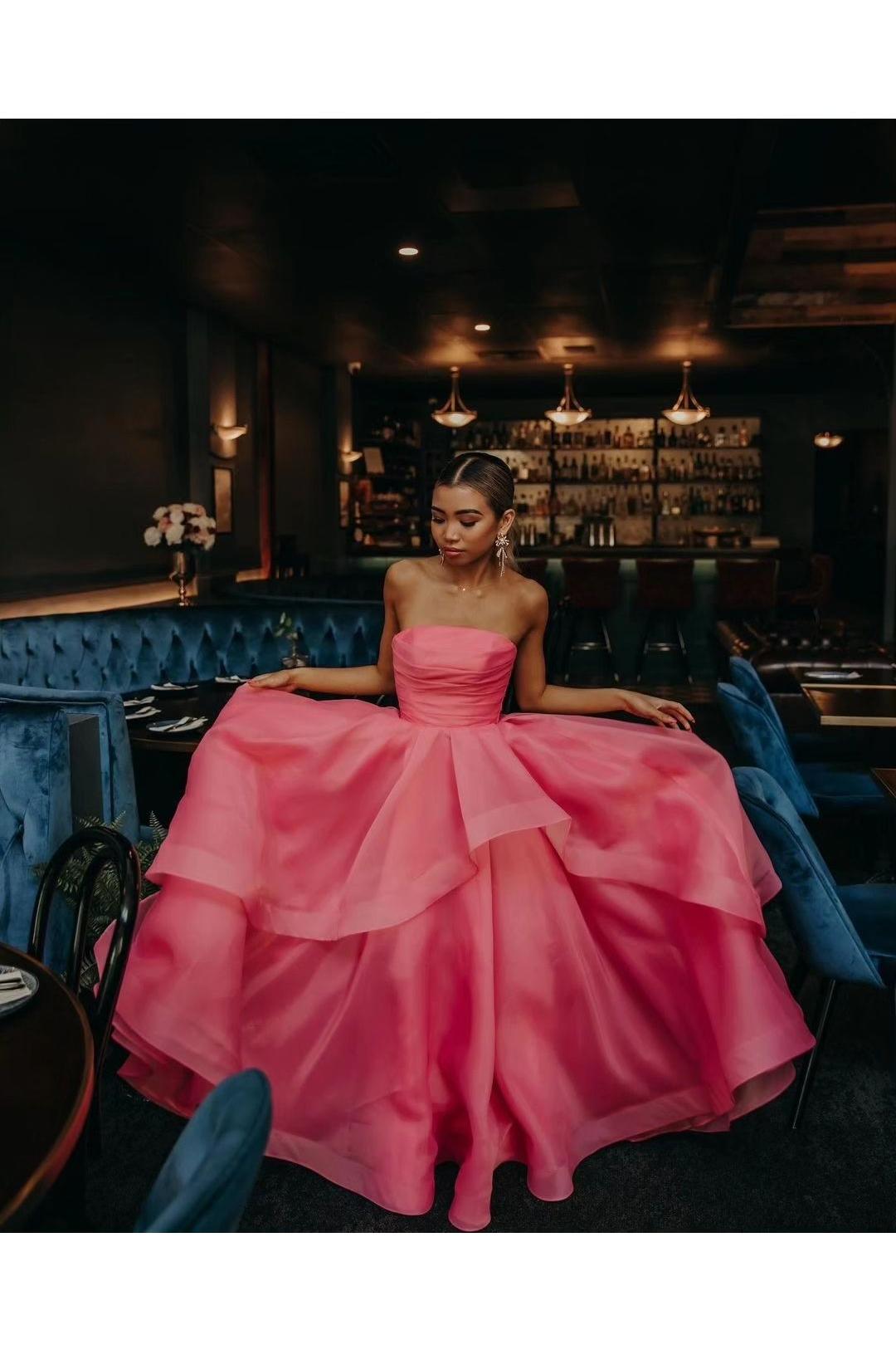 Pink Prom Dress Strapless Organza A Line Evening Dress