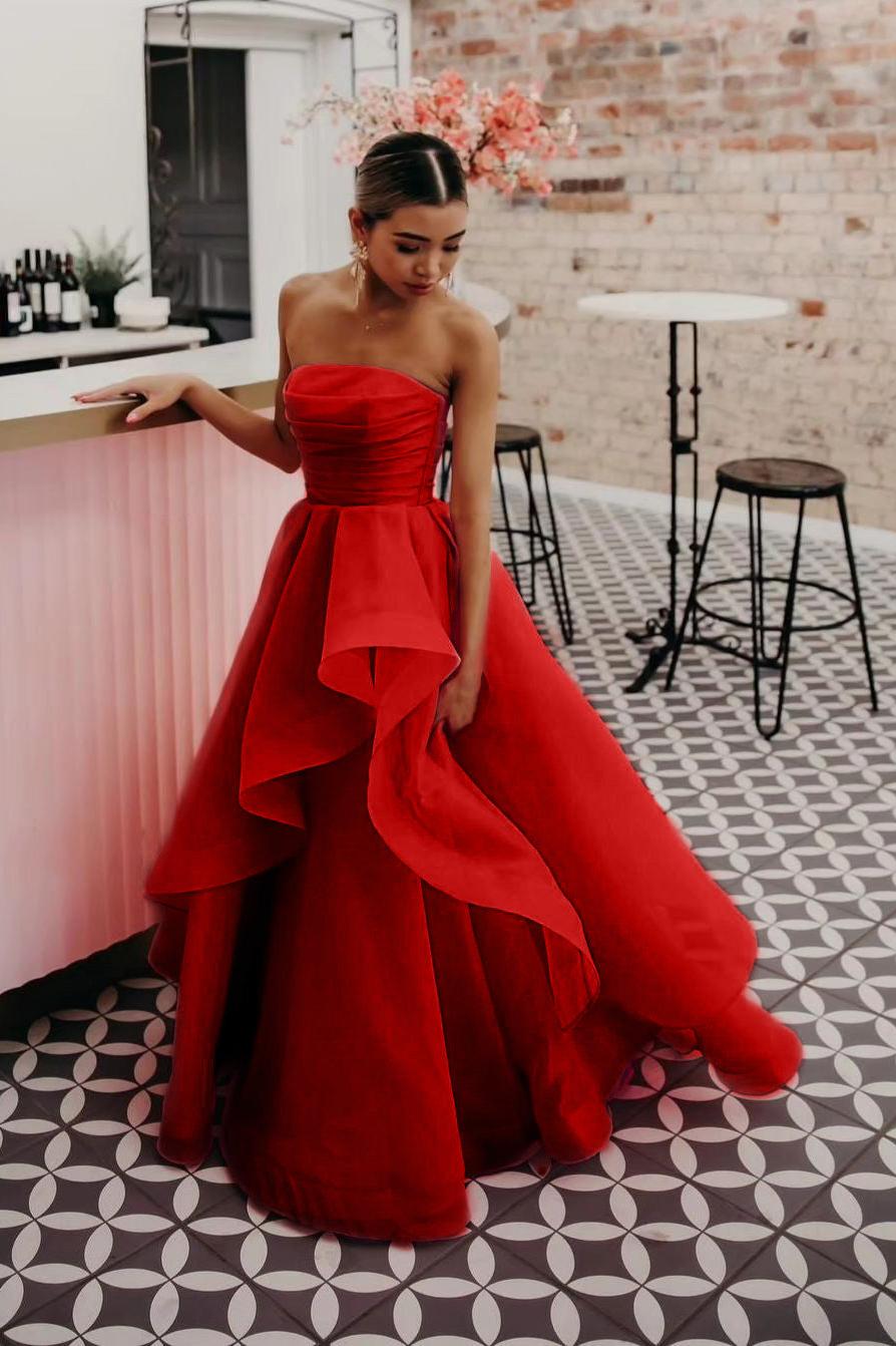 Pink Prom Dress Strapless Organza A Line Evening Dress