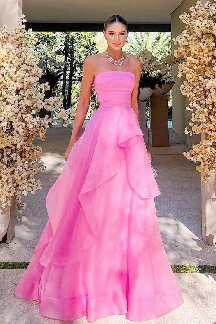 Pink Prom Dress Strapless Organza A Line Evening Dress