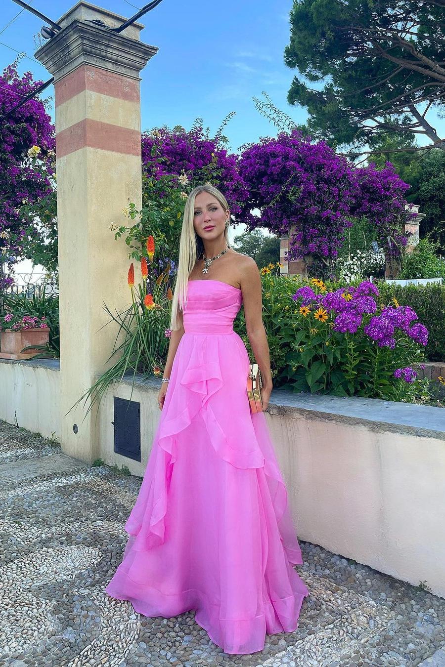 Pink Prom Dress Strapless Organza A Line Evening Dress