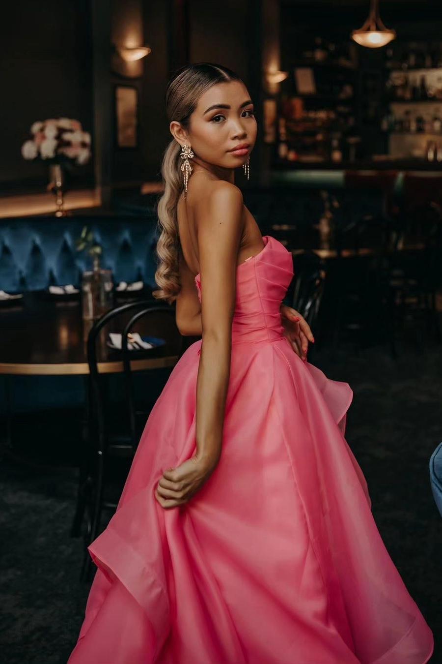 Pink Prom Dress Strapless Organza A Line Evening Dress