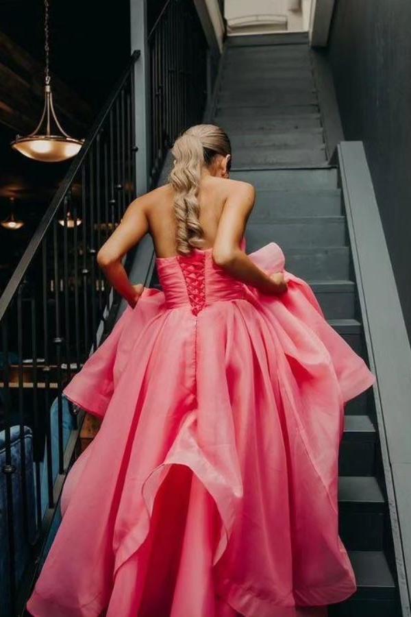 Pink Prom Dress Strapless Organza A Line Evening Dress