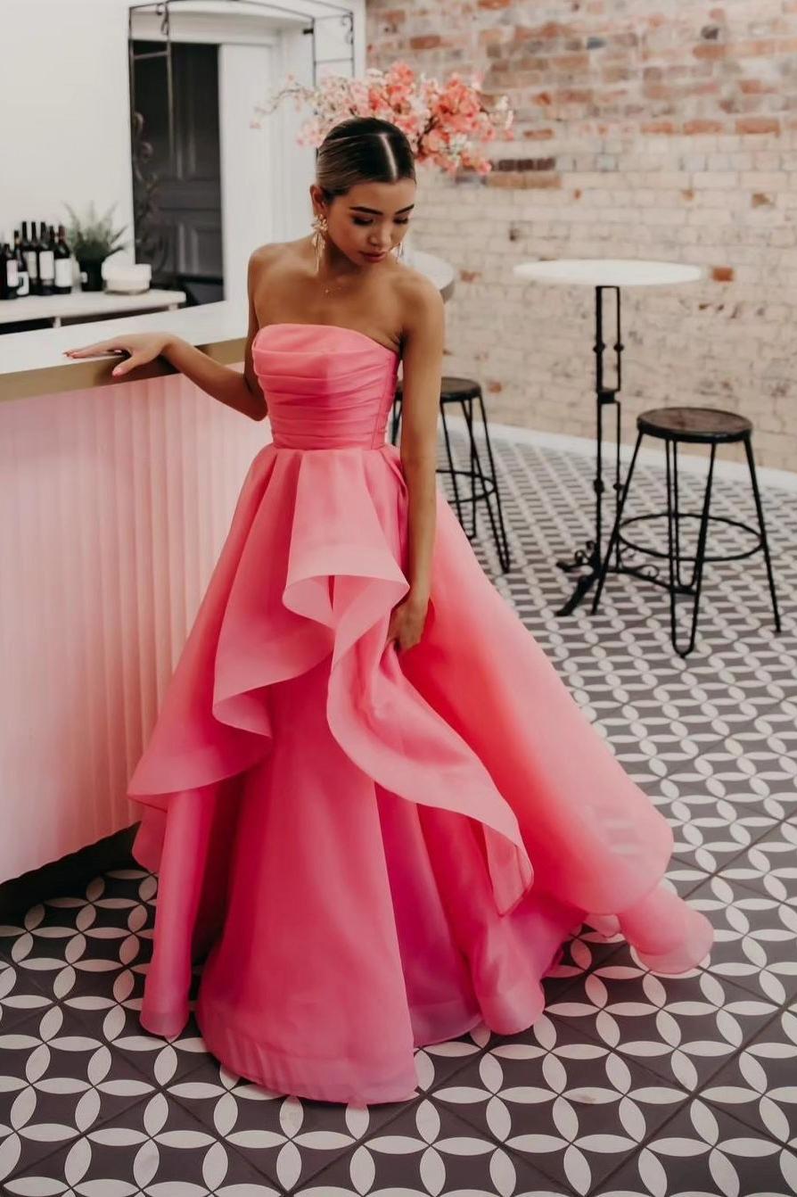 Pink Prom Dress Strapless Organza A Line Evening Dress