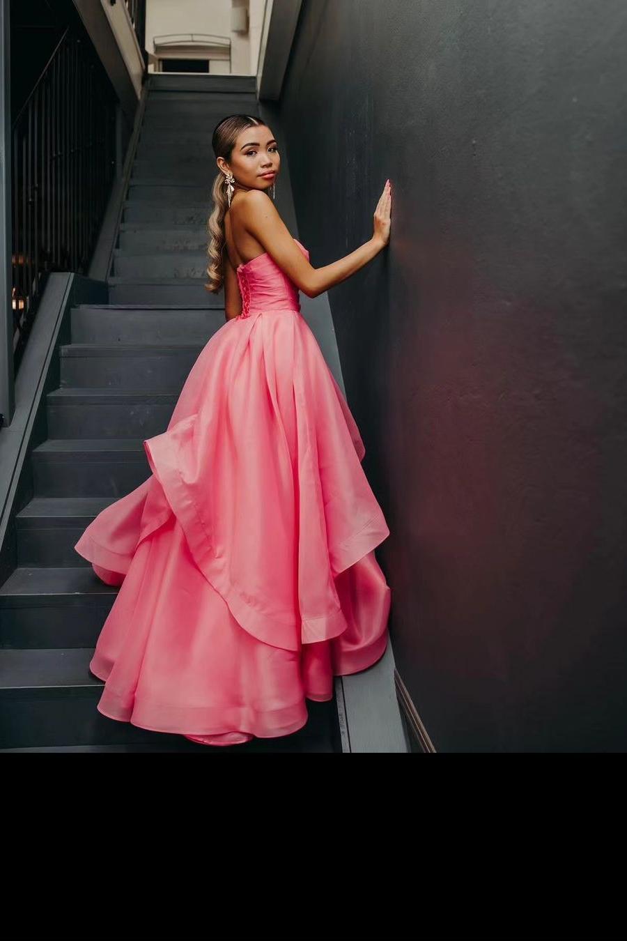 Pink Prom Dress Strapless Organza A Line Evening Dress
