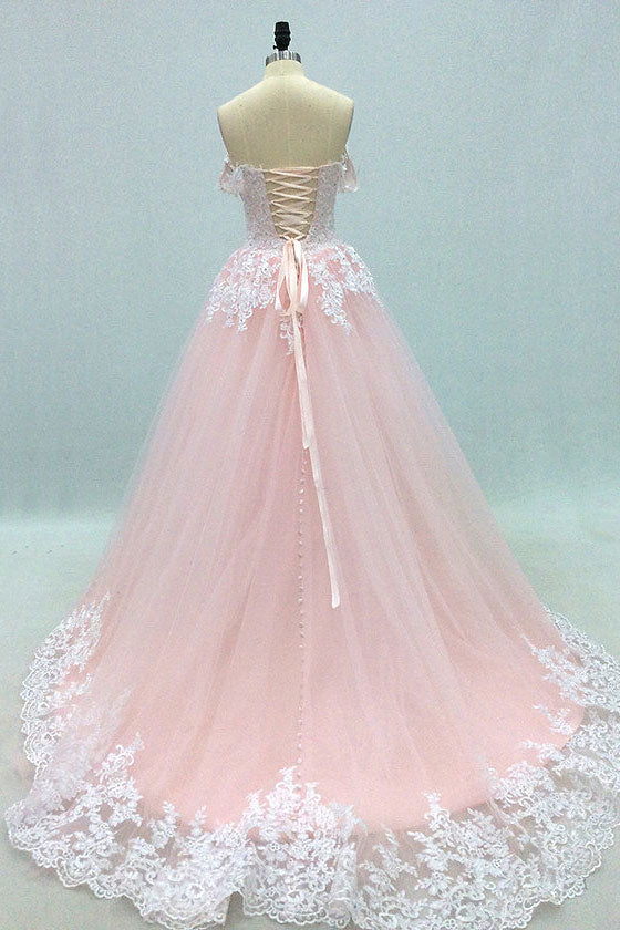 Pink Prom Dress Sweetheart Neck Tulle Lace Long Formal Evening Dress