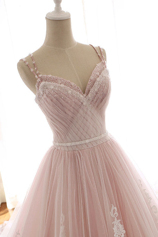 Pink Prom Dress Sweetheart Neck Tulle Long Lace Formal Gown Evening Dress