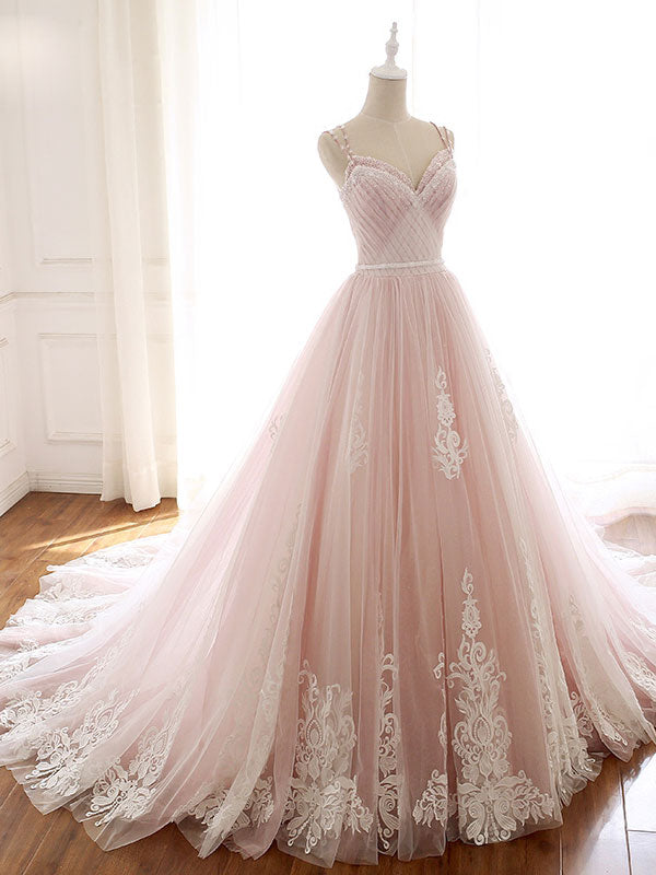 Pink Prom Dress Sweetheart Neck Tulle Long Lace Formal Gown Evening Dress