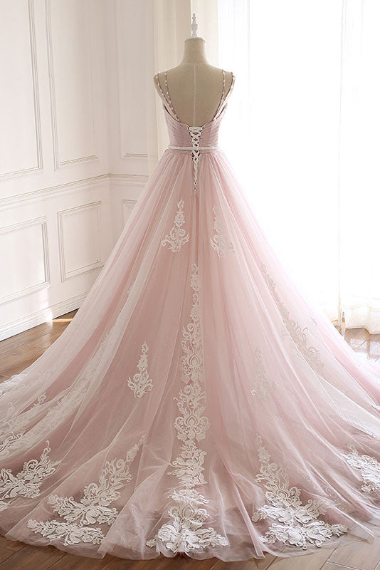 Pink Prom Dress Sweetheart Neck Tulle Long Lace Formal Gown Evening Dress