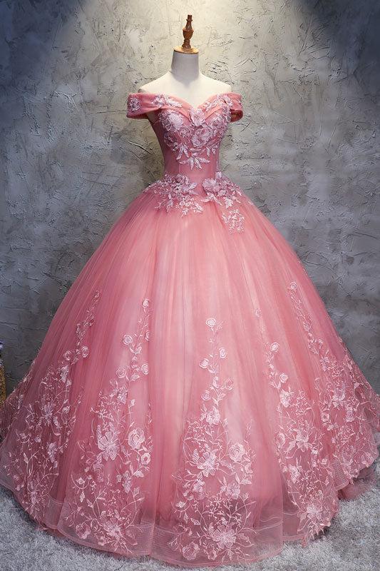 Pink Prom Dress Sweetheart Off the Shoulder Lace Tulle Long Sweet 16 Dress Evening Dress