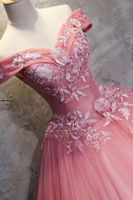 Pink Prom Dress Sweetheart Off the Shoulder Lace Tulle Long Sweet 16 Dress Evening Dress