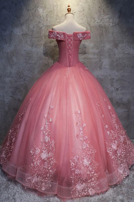 Pink Prom Dress Sweetheart Off the Shoulder Lace Tulle Long Sweet 16 Dress Evening Dress